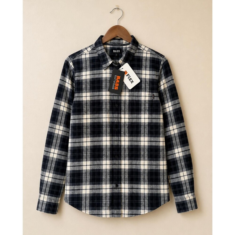 Bass Outdoor Flex Plaid Button Front Shirt Mens Black Gray Stretch Flannel NWT